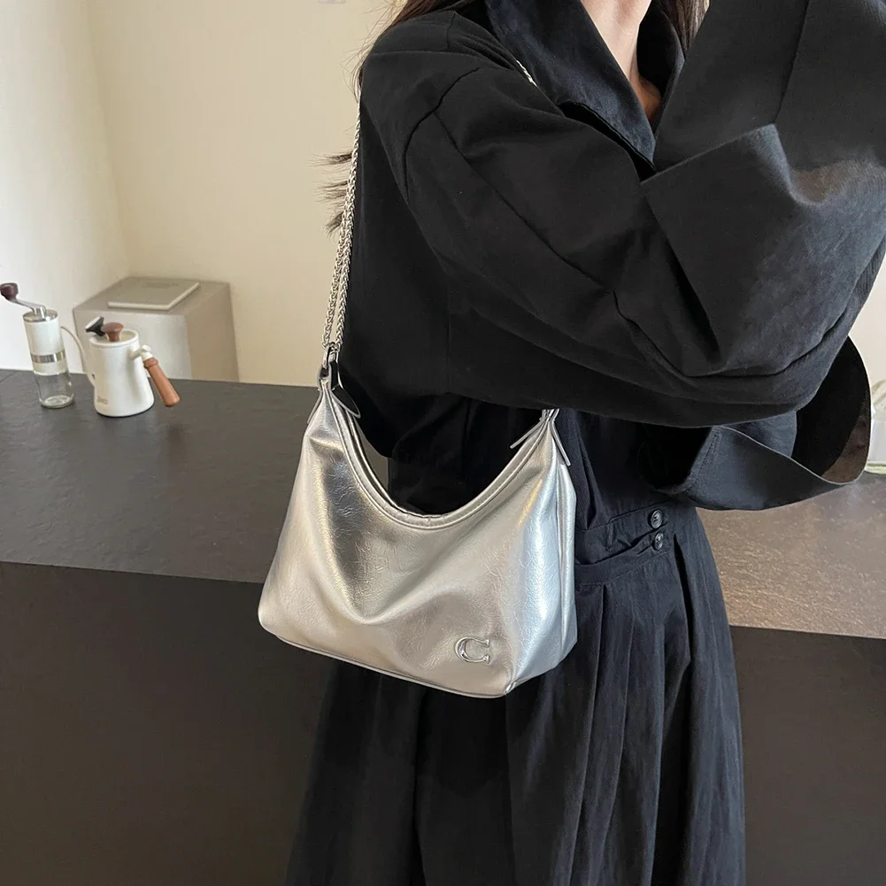 Women PU Casual Tote Handbag Large Capacity Chain Sling Bag Zipper Closure Elegant Underarm Bag Multi-pockets Simple Satchel Bag 4
