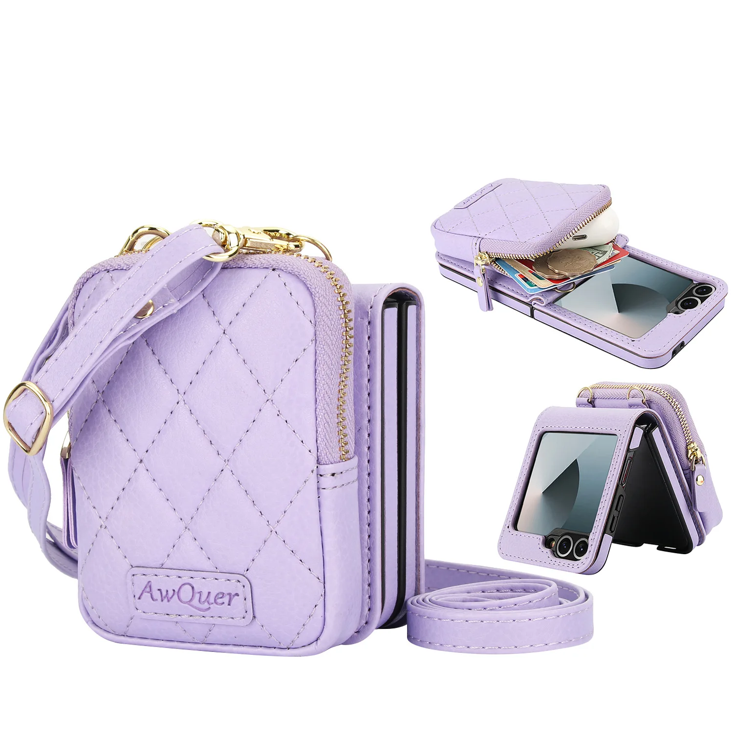 Luxury Crossbody Lychee Leather Wallet Case with Long Lanyard Protective Cover