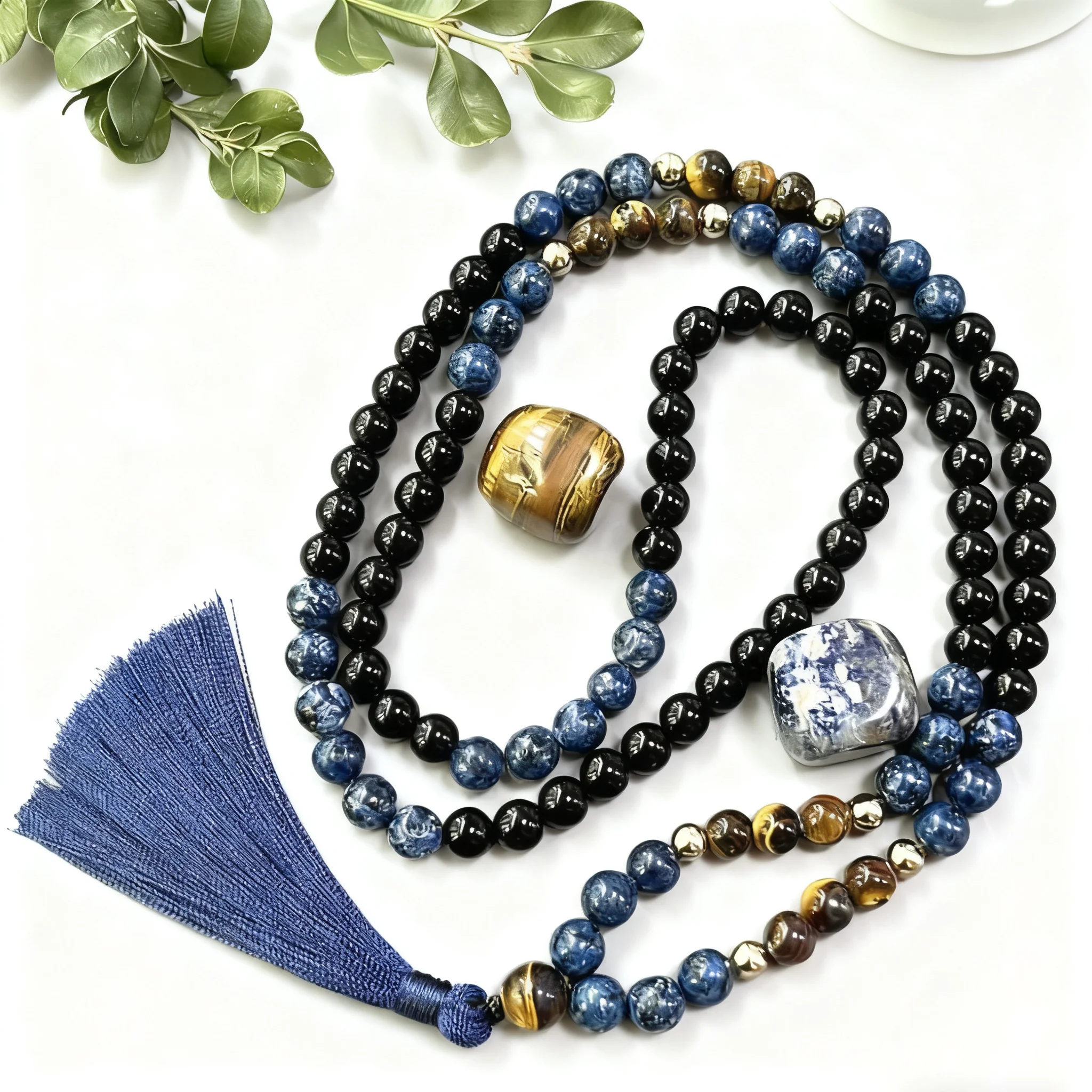 8mm Tigerauge Stein Schwarzer Onyx 108 Mala-Perlen Halskette Meditations-Gebetskette für Männer und Frauen