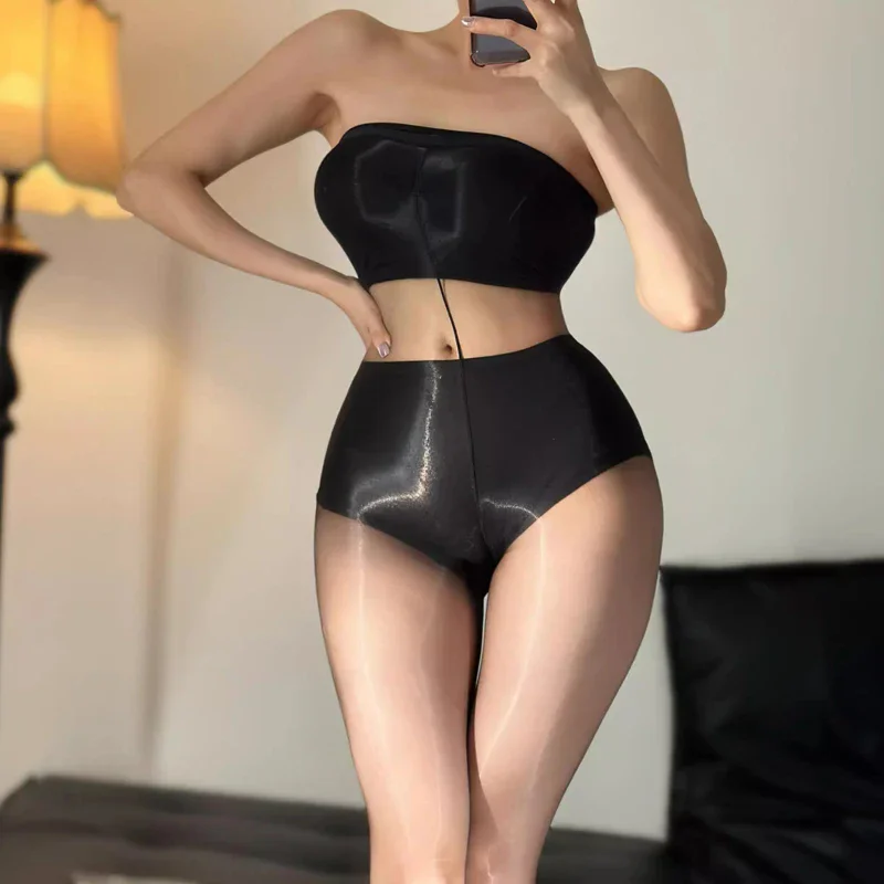 Crotchless Oil Shiny Tube Top Tights Sexy Underwear Bodysuit Smooth Fullbody Open Crotch Pantyhose Medias 1D Bodystockings