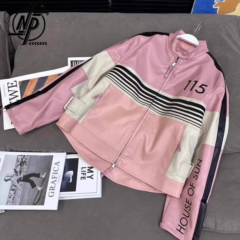 Giacca In Pelle Vintage Rosa Donna Uomo Patchwork Stripe Letter Print Bomber Jacket Fashion Racing Car Moto Coat 2023