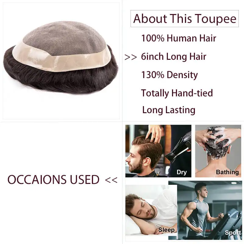 Toupee Men Male Hair Prosthesis 6Inch Fine Mono Man Wig 130% Density Capillary Human Hair Men's Wig Replacement System For Men