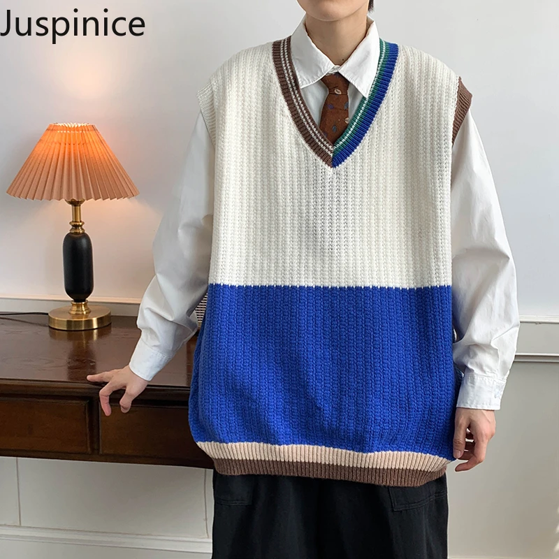Japanese Style Color-blocked V-neck Knitted Vests Men's Loose Casual High Street Personality Sleeveless Sweaters Male Clothes