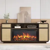 Boho 68" TV Stand Entertainment Center w/ 36" Electric Fireplace Heater Rattan Console Table Flame Effect Ample Storage Modern 1