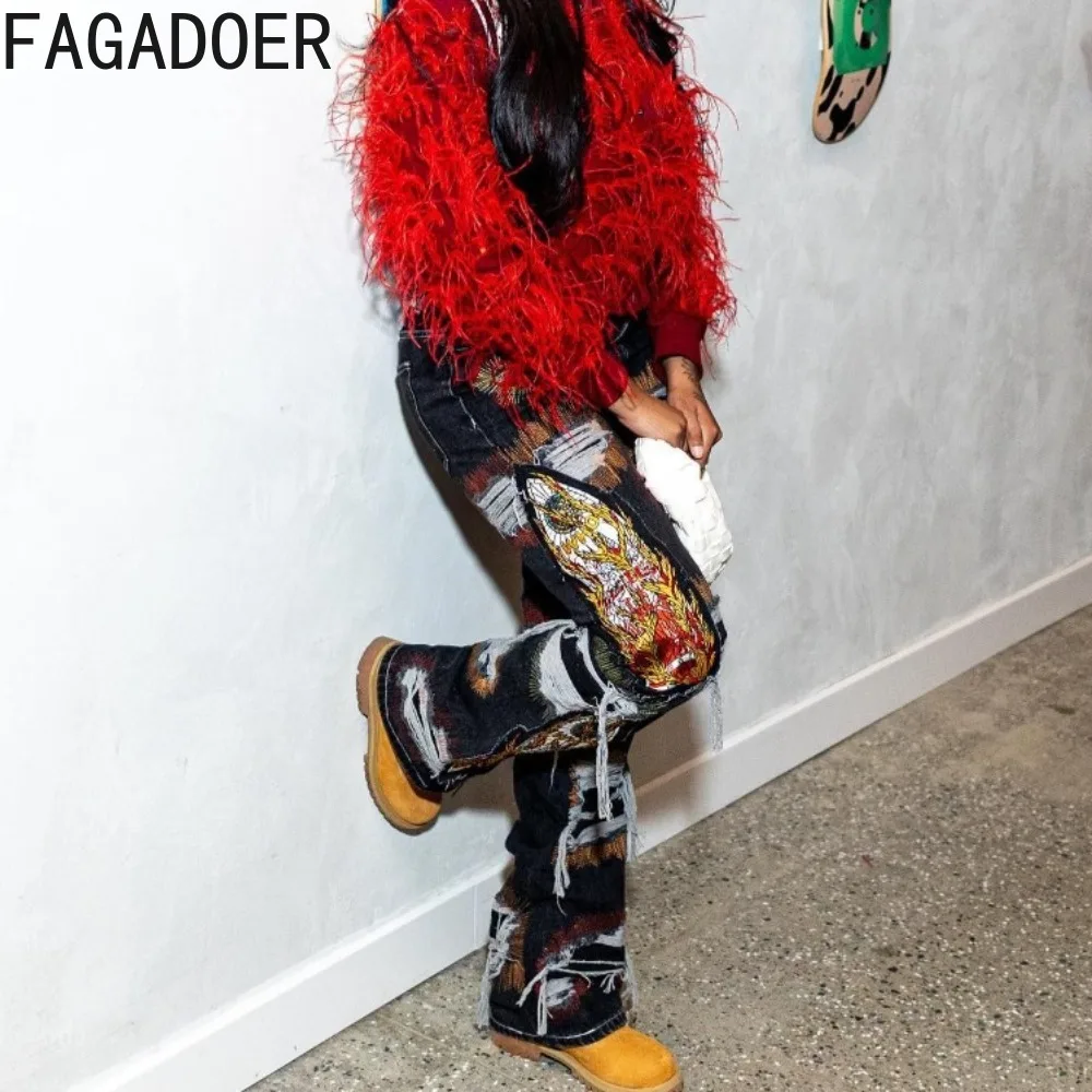 FAGADOER Fashion Embroidery Pattern Elasticity Denim Pants Women High Waisted Button Skinny Jean Trousers Casual Cowboy Bottoms female straight jeans korean style casual wild cow skin pattern high waist trendy trousers for daily streetwear for all seasons