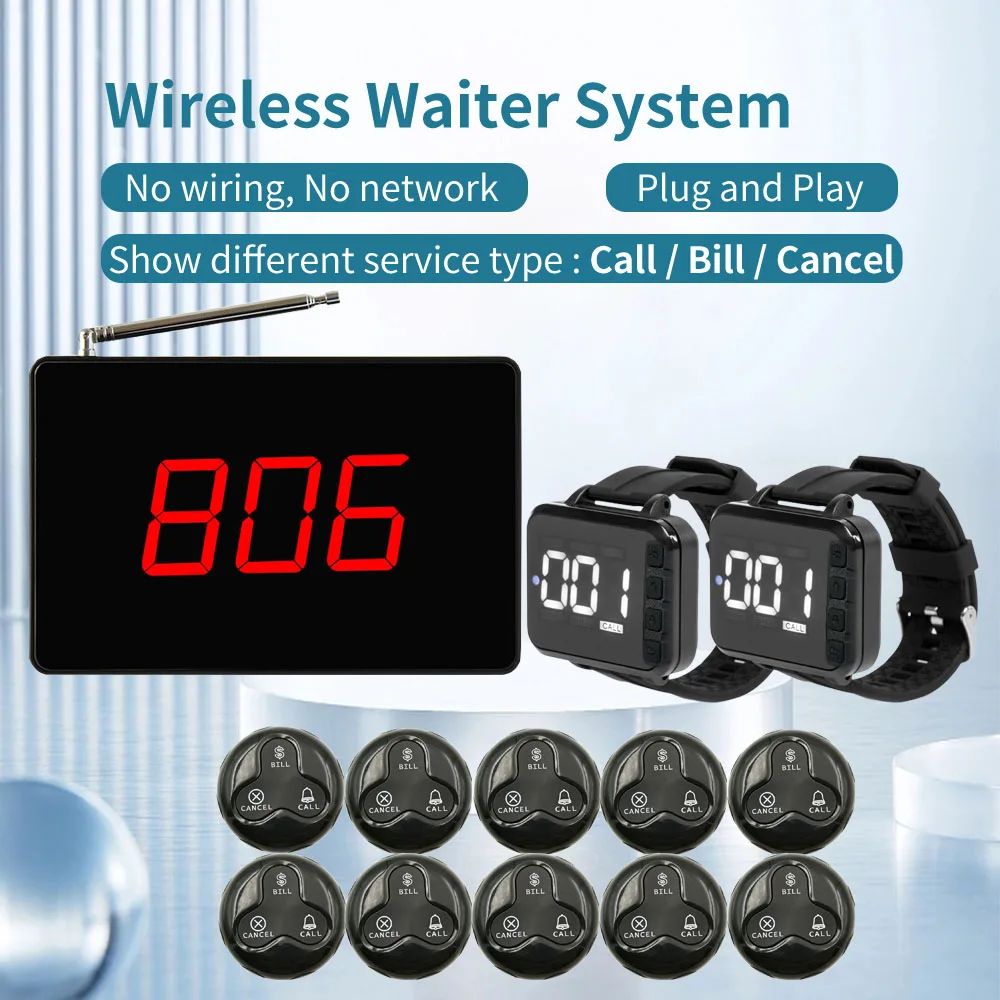Wireless Service Waiter Calling System Restaurant Call Guest System Cafe 2 Watch Receiver+10 Call Button +Display