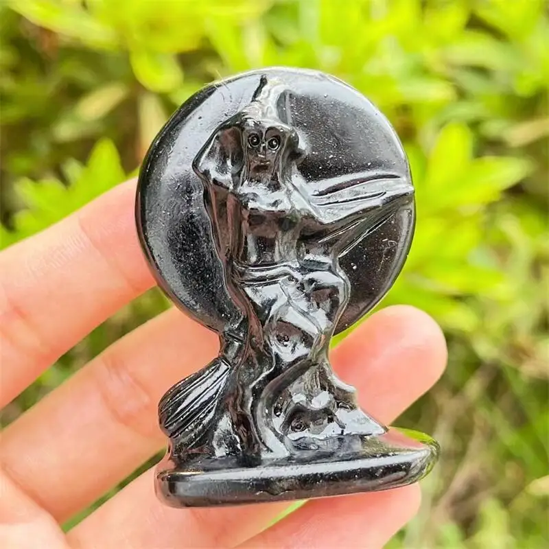 

6cm Natural Black Obsidian Witch Crystal Carving Hand Polished Reiki Healing Gift Room Home Decoration 1pcs