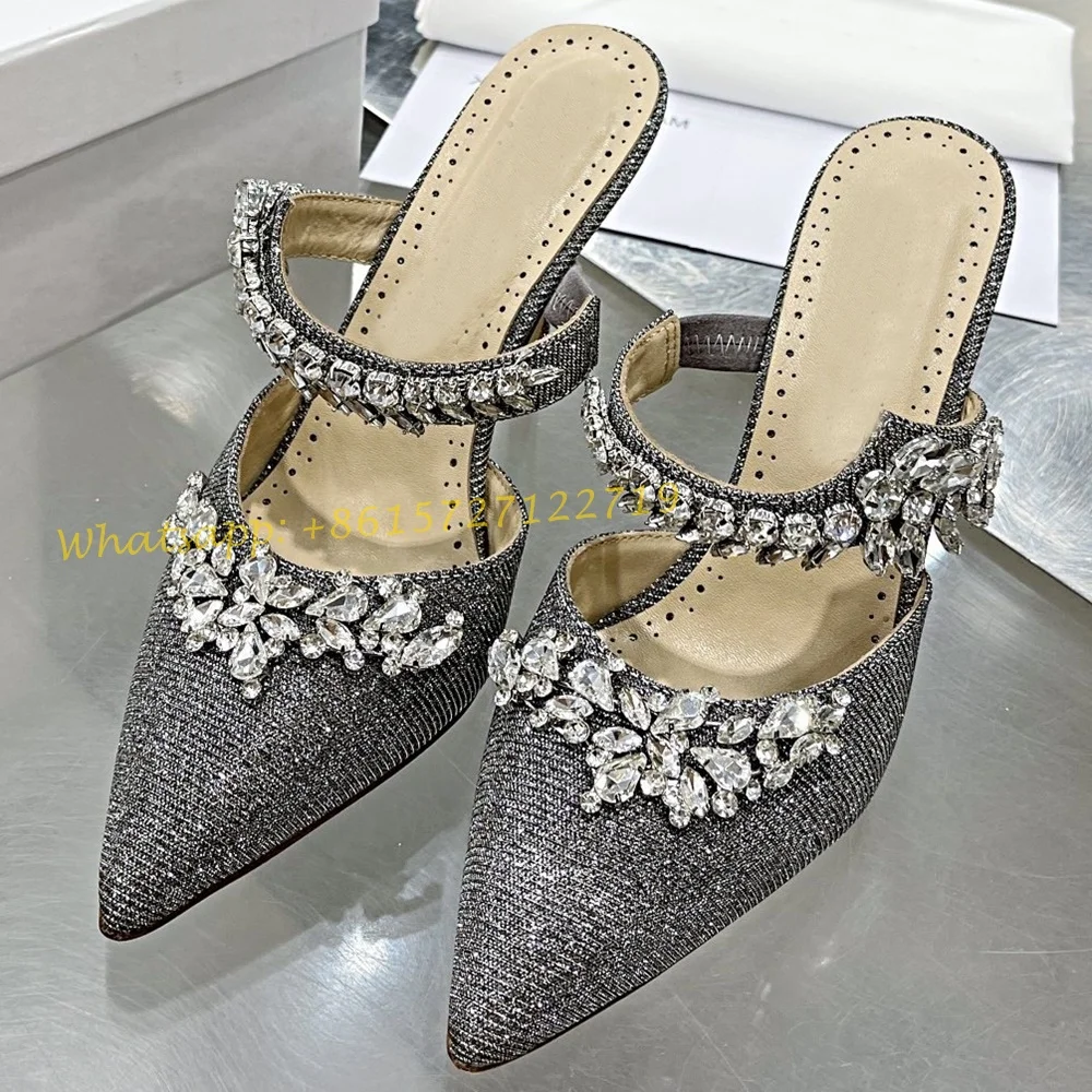 Mules de cristal con punta puntiaguda para mujer, zapatillas de tacón alto de lujo para fiesta de verano, traje Sexy, novedad