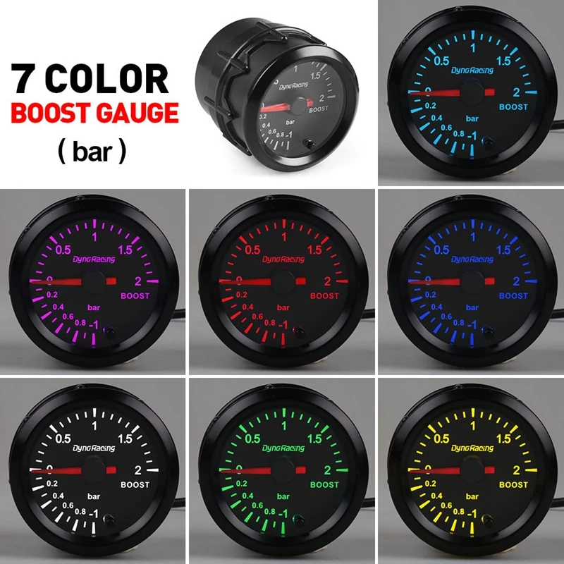 Dyno 레이싱 터보 부스트 게이지, 스텝퍼 모터, 2 바, 계량기 블랙, 7 색, 2 인치, 52mm 포인터