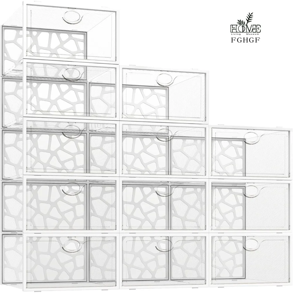 

Storage Organizer, 12 Pack Large Shoe Boxes Clear Plastic, Foldable Sneaker Containers Stackable Storage Bins Closet Case