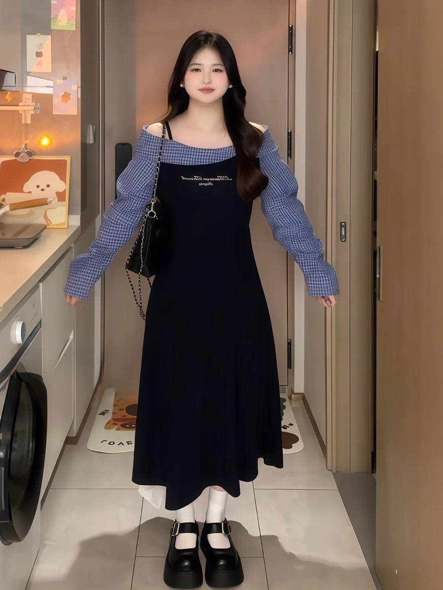 plus Size Korean Sle Plaid Patchwork Fake Two-Piece Dr Slimming Long Skirt for plus Size Women Spring Season High Waist