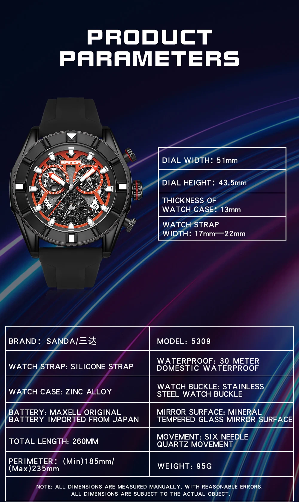 New Foreign Trade Quartz Men's Three Eyes and Six Pin Sanda 5309 Watch Fashion Trend Outdoor Waterproof Simple Calendar Table