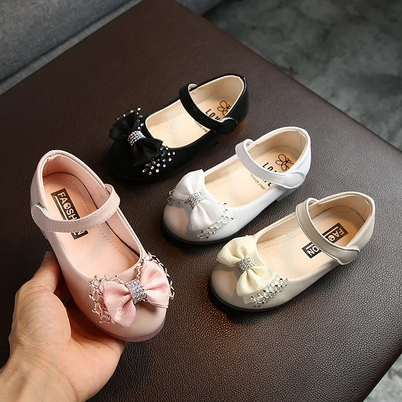 

Black White Pink Leather Shoes for Kids Girls Fashion Cute Bow Princess Party Dress Shoes Children Flats Baby Loafers Footweawr