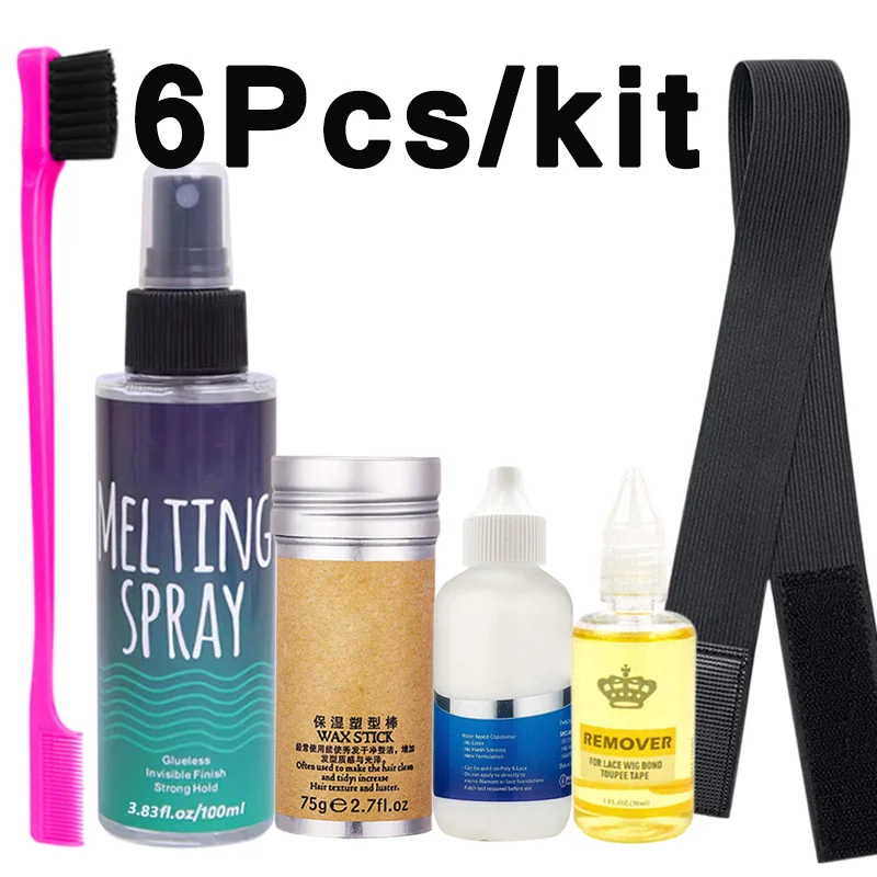Lace Melting Spray Tool Set For Women Hair Wigs 6Pcs/Kit Lace Wig Glue And Remover Hair Wax Stick With Brush Melt Band