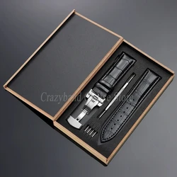 Elegant Leather Watch Strap with Metal Butterfly Clasp and Wooden Box (14mm - 22mm) - 22mm (Black - Silver)
