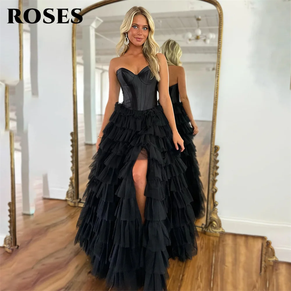 

ROSES Black Corset Sweetheart Evening Dress A-Line Tiered Long Charming Prom Dress Net Party Dresses with Slit vestidos de noche