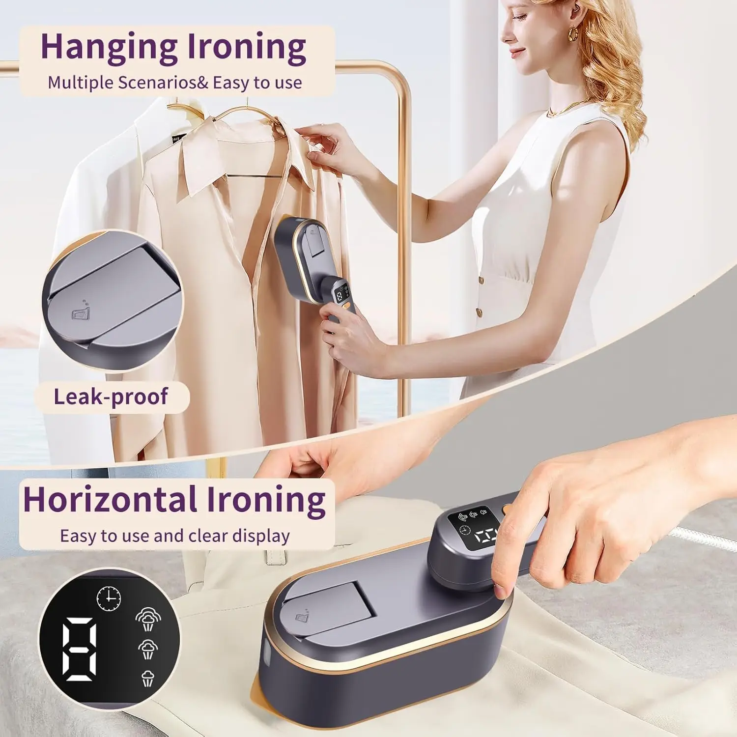 Portable Clothes Steam Iron 180° Rotatable Handle 3 Levels Handheld Garment Steamer 1200W Fast Heating 150ml Tank for Travel 2