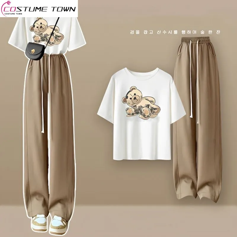 2023 New Khaki Sweatpants Women's Set Age Reducing Gentle Style Fried Street Fashion Short Sleeve T-shirt Two Piece Set Spring khaki mens suits smart casual business slim fit wedding tuxedos groom wear ternos hombre 2 piece jacket pants costume homme