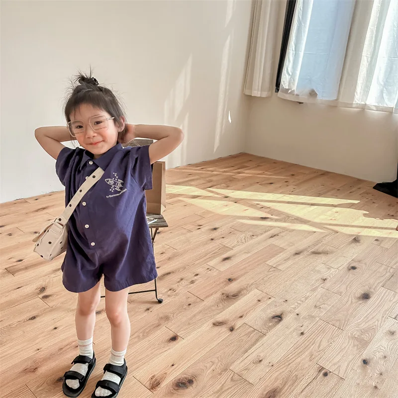 2025 Children's Clothing Summer New Product Girls' Korean Version Summer Shirt Shorts Jumpsuit Boy Embroidered Jumpsuit 6