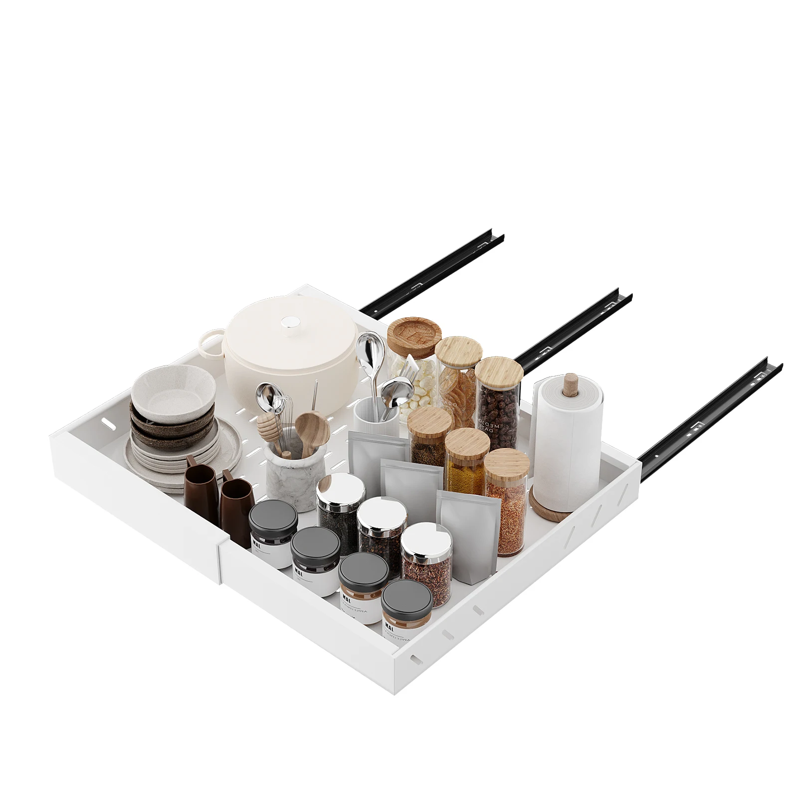4er-Pack ausziehbare Schrankorganizer für Schränke, verbesserte 3 Gleitschienen, verstellbare Ausziehschubladen für Küche, Vorratskammer – Detail 10