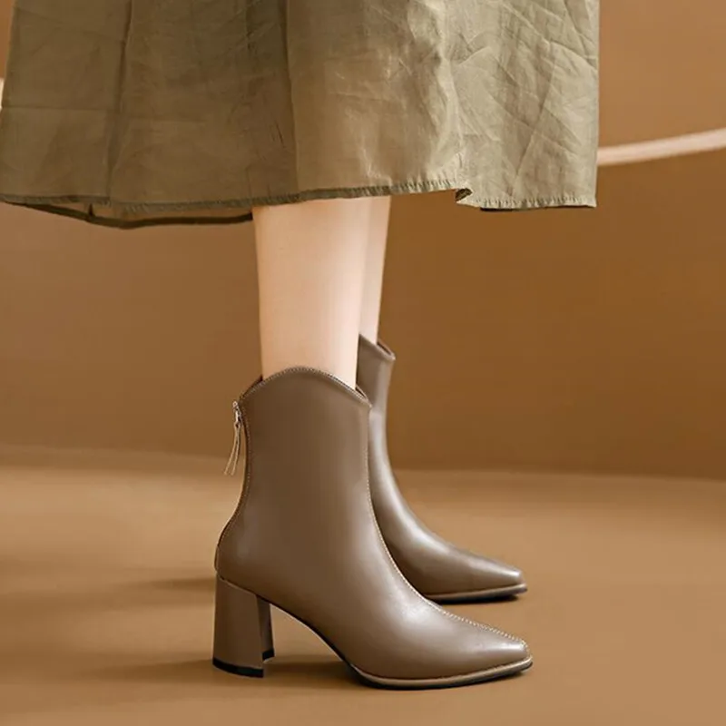 2023 Fashion Beige High Heel Short Boots Women Autumn and Winter Pointed Toe Women's Boots Women High Heels Women Boots Mid-Calf