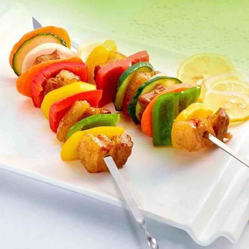 10/50/100pcs Bbq Utensils Steel Barbecue Sign Lamb Skewers Iron Sign Roasting Needle Flat Roasted Skewers Meat Brazier Tools