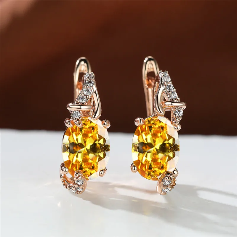 Big Oval Stone Blue Crystal Earrings Mystic Multicolor Zircon Clip Earrings Wedding Jewelry For Women