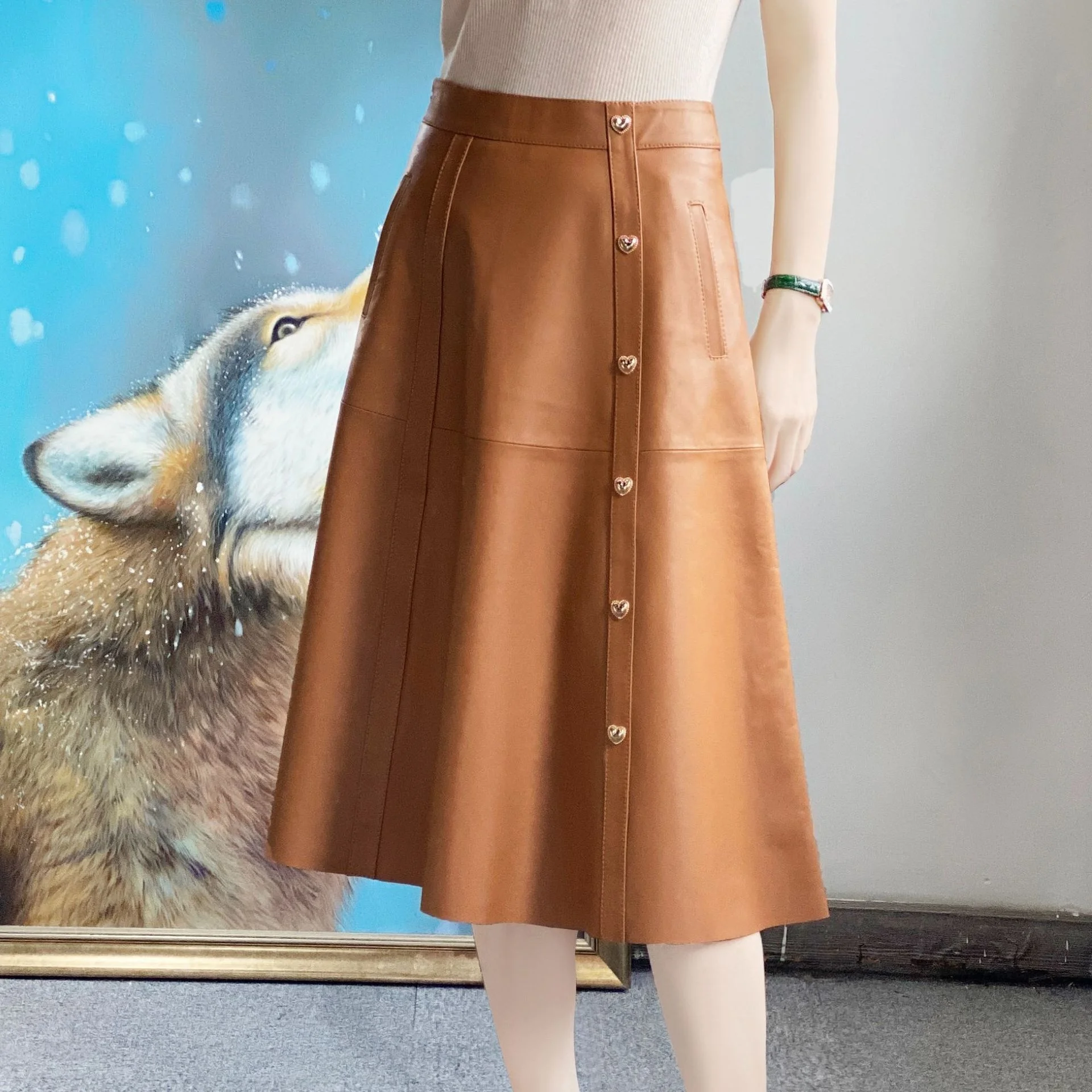 

Genuine Leather Skirt Autumn/Winter New Fashion Style Light Mature Style High Waist Slim Sheepskin Half Umbrella Skirt Long2023