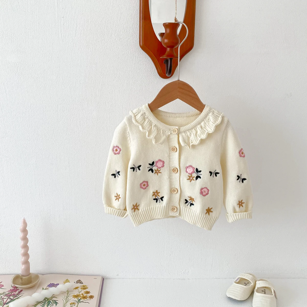 Baby Girls Sweater Korean Style Newborn Cardigans Baby Girls Knit Frilled Collar Floral Print Elegant Sweaters 0-3yrs
