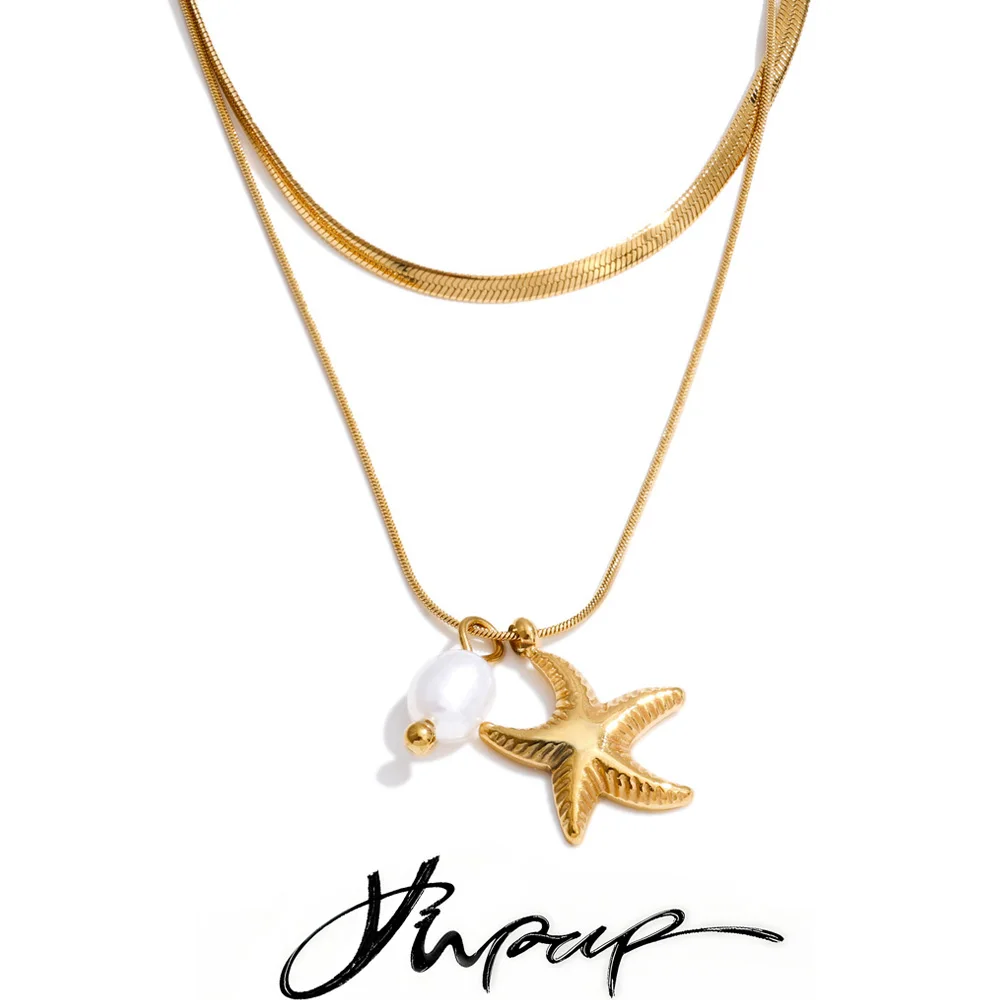 Yhpup Stainless Steel Natural Pearl Starfish Pendant Necklace