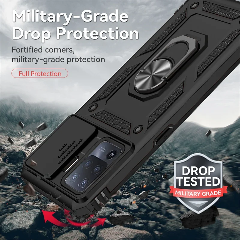 Shockproof Armor Case with Metal Ring Holder and Slide Lens Protector Cover