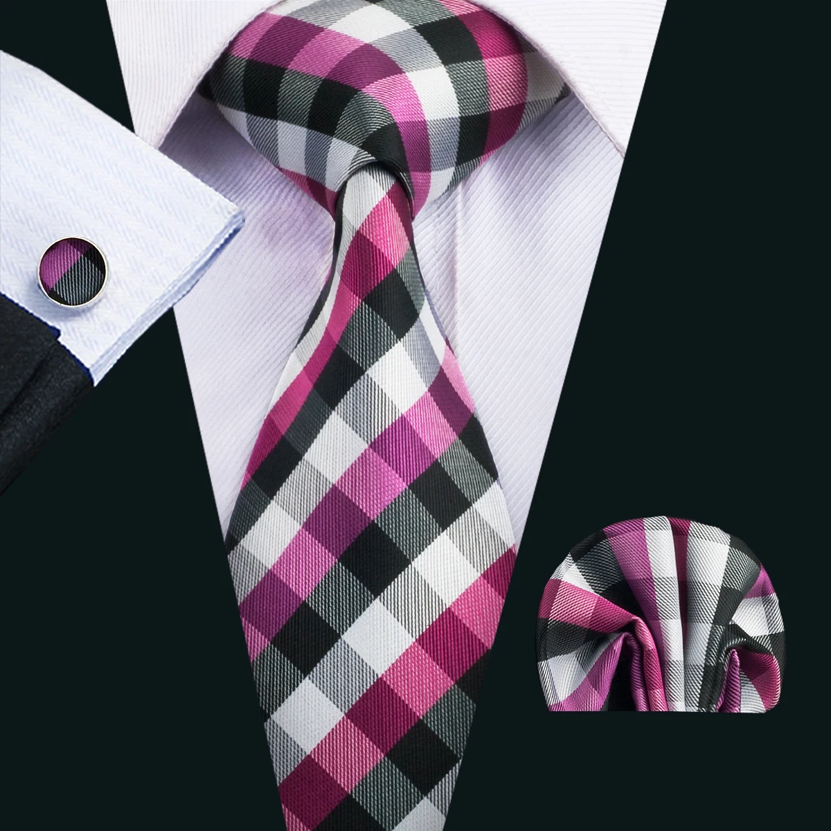 Set Cravatta Uomo In Microfibra Con Fantasia Tartan Quadri, Gemelli E Fazzoletto Da Taschino - Nero E Grigio
