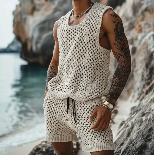 2025 Fashion Spring/Summer New Leisure Vertical Stripe Set Turn-down Collar Fitted Short Sleeve Button Shirt Wool Blend Shorts 6