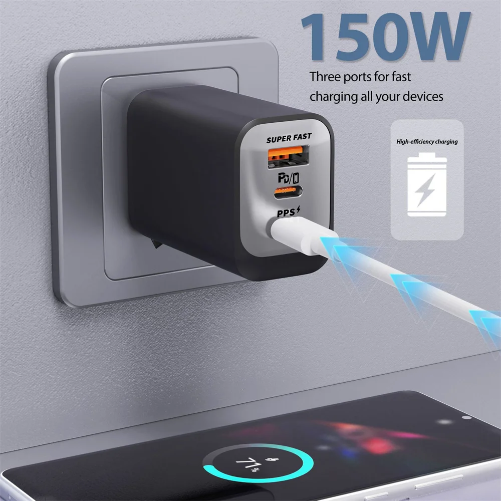 150W 3 Port USB C Charger Type C Fast Charging Adapter QC3.0 PD3.0 EU/UK/US Plug Wall Charger for iPhone Samsung Xiaomi Huawei 1