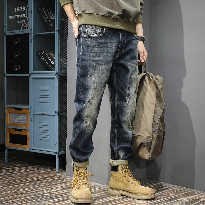 

Высококлассные модные брендовые тяжелые мужские джинсы в стиле ретро американские прямые брюки-стрейч для стирки под воду для старых ног на весну и осень