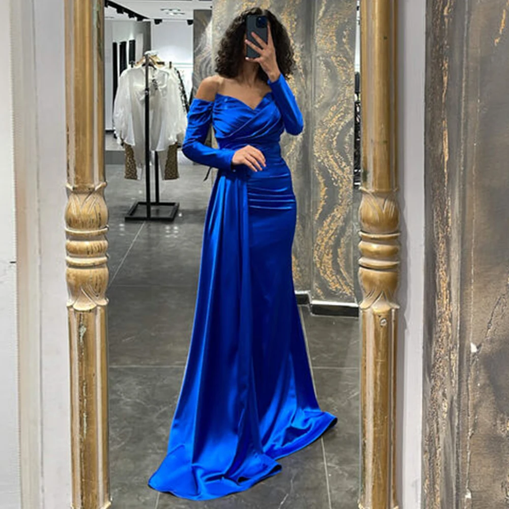 

Blue Satin Evening Gowns for Women Mermaid Floor Length Off-The-Shoulder V Neck Elegant Party Dresses Full Sleeve Ruched Custom