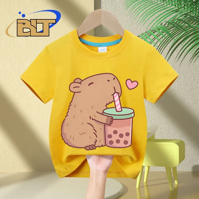 Kids T Shirt Cute Capybara Loves Bubble Tea print summer children's short-sleeved casual tops boys and girls gifts