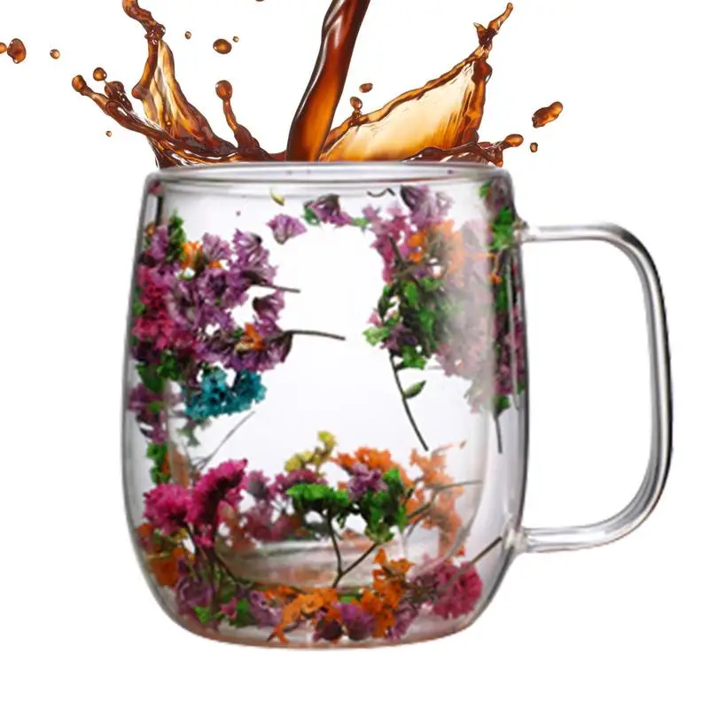 Creative style real flower dried flower double layer glass cup dried flower glass cup office bar home coffee Mug cold drink cup