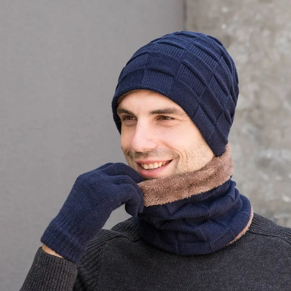 Comfortable Casual Fashion Elastic Winter Man Beanies Knitted Cap Gloves Man Scarf Gloves Neck Suit