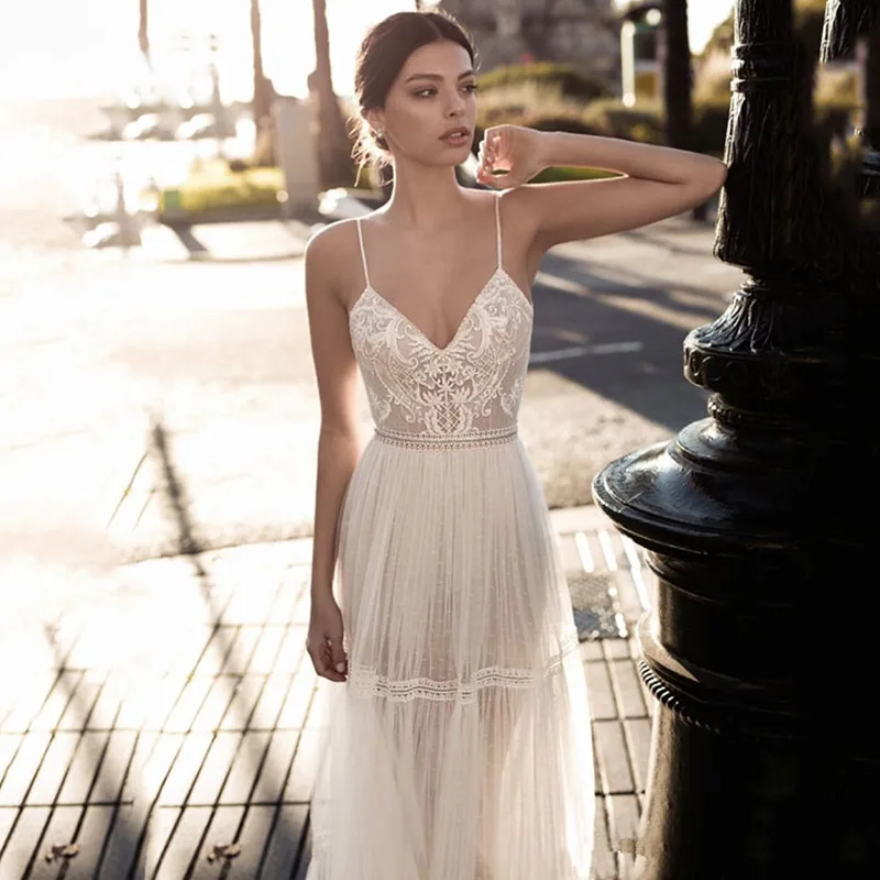 

New Bridal Gowns Lace Applique Berta Wedding Dresses For Women Beach Spaghetti Straps Illusion BacklessVestido De Novia V-neck