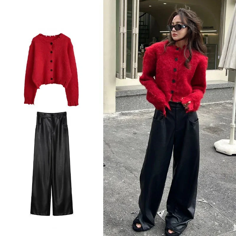 

Sweet and Cool Autumn Suit for Women, Korean Trendy Retro Red Sweater + Loose Slimming Trousers and Leather Pants Two-piece Set
