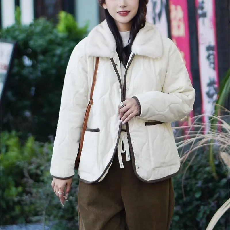 XXXXL Fashion Plus Size Women's Parkas For The Winter Of 2025 Simple Fur Lapel Chic Style Padded Jacket Casual Warm Coat 5536