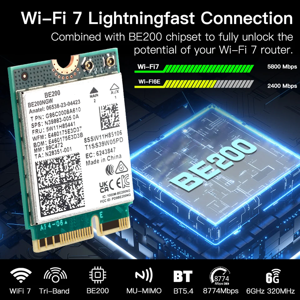 WiFi 7 BE200 Bluetooth 5,4 Tri Band 2,4G/5G/6GHz M.2 Adaptador De Red Inalambrico Para Windows 11 Pc Portatil Con Antenas WiFi 7 BE200 Bluetooth 5,4 Tri Band 2,4G/5G/6GHz M.2 Adaptador De Red Inalambrico Para Windows 11 Pc Portatil Con Antenas