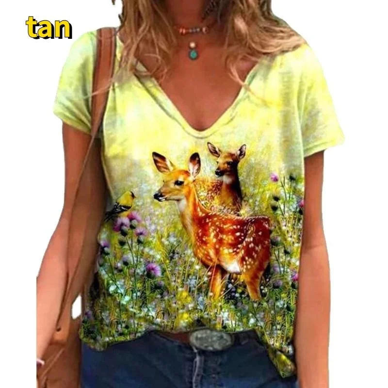 Summer Women's T Shirt 3D Printed Sika Deer Casual Short Sleeve Tees Animal Pattern Femmes Wear Regular Sexy V Neck Woman Shirt
