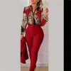 Elegant Women Printed Two Piece Suit Sets Spring Autumn V Neck Long Sleeve Shirt Top & Long Pants Set With Belt Workwear Outfits 2