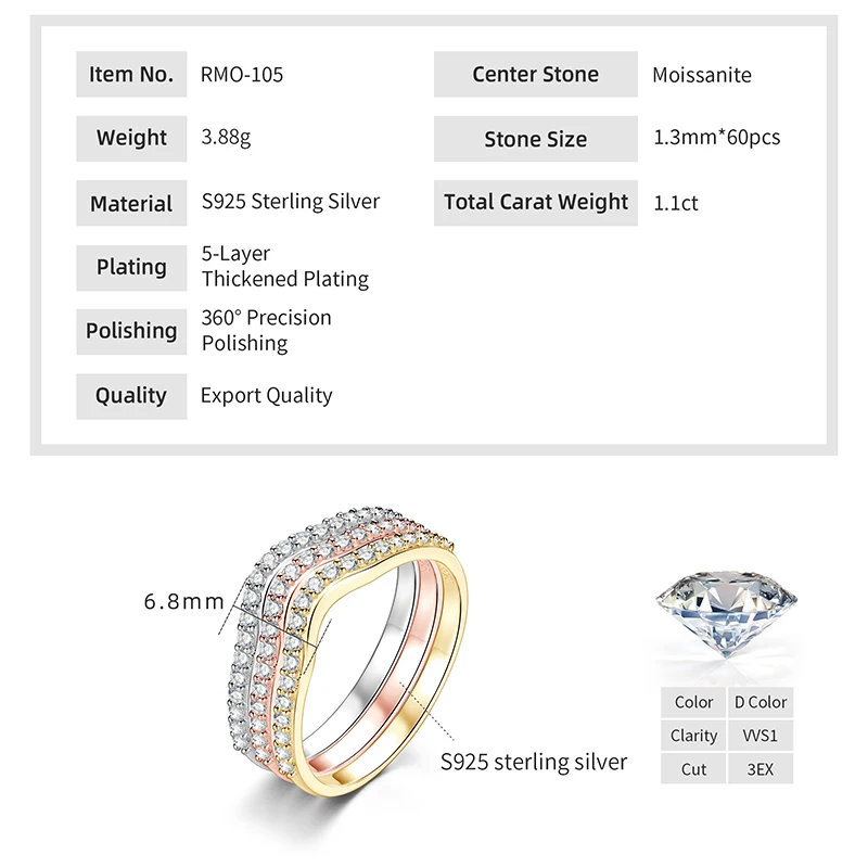 RAPRGOLD 1.3mm 라운드 모이사나이트 얇은 스택형 반지 여성용 미니멀리스트 하프 이터니티 밴드 웨딩 파인 주얼리 선물