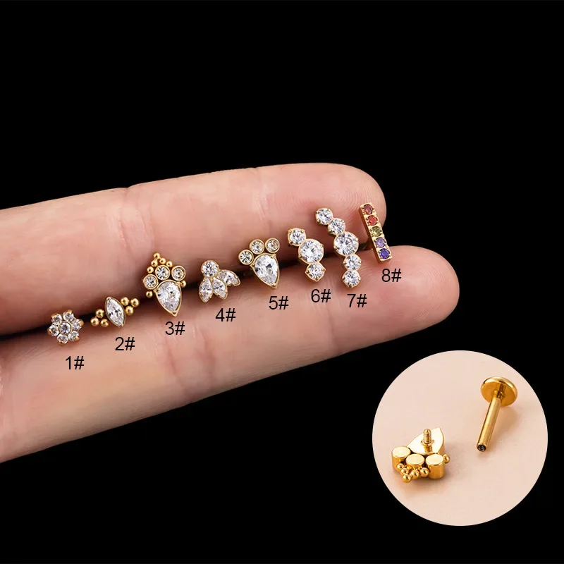 16G Florale Kubische Zirkonia Ohrstecker Hypoallergener Titan-Knorpel-Helix Stapelbarer Piercing-Schmuck, Silber / Gold