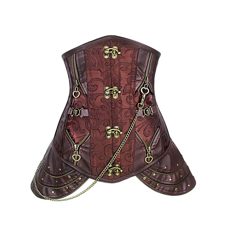 

Cosplaydiy Brown Steampunk Corset Plus Size Outfit Overbust Gothic Korse Elastic Boned Retro Women Bustier Amazon Lady Soldier