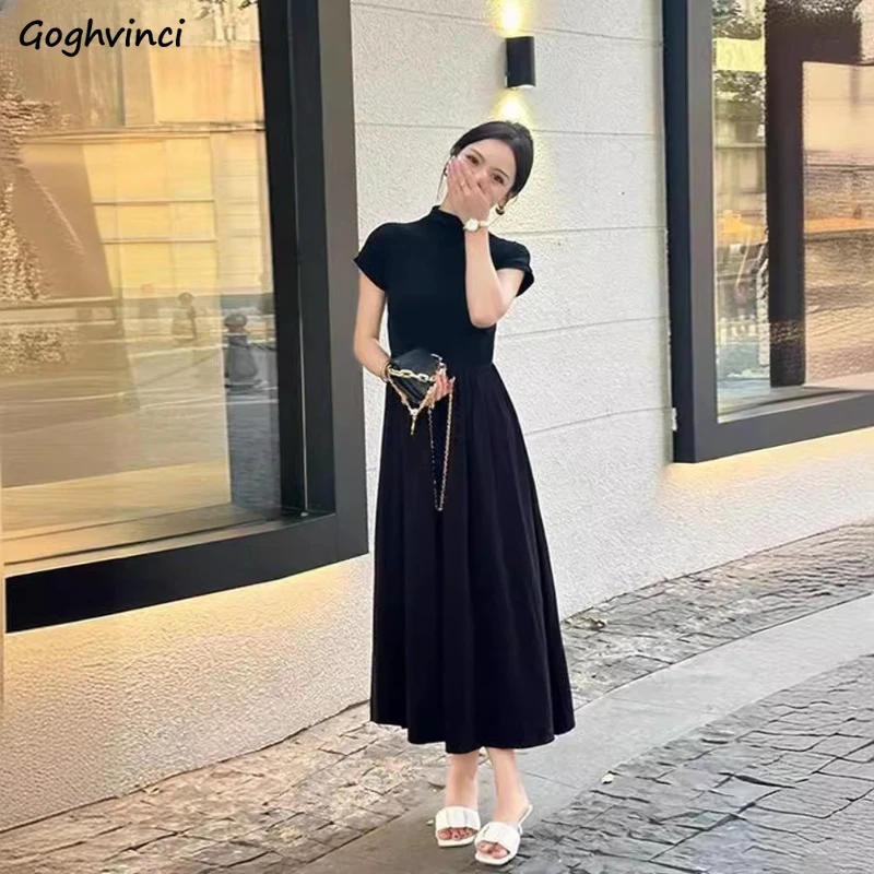 

Solid Long Dresses Women Summer Simple Elegant Temperament A-line Loose Tighten The Waist Turtle Neck Fashion Streetwear Cozy