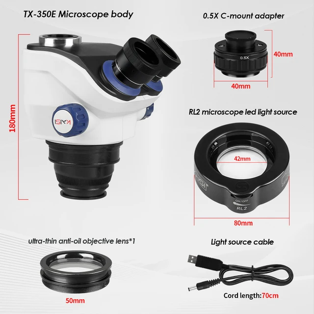 ميكروسكوب TX-350e V1.1 ثلاثي العدسات – زووم 7X-50X مع عدسات رؤية واسعة جداً (WF10X/23mm) 4